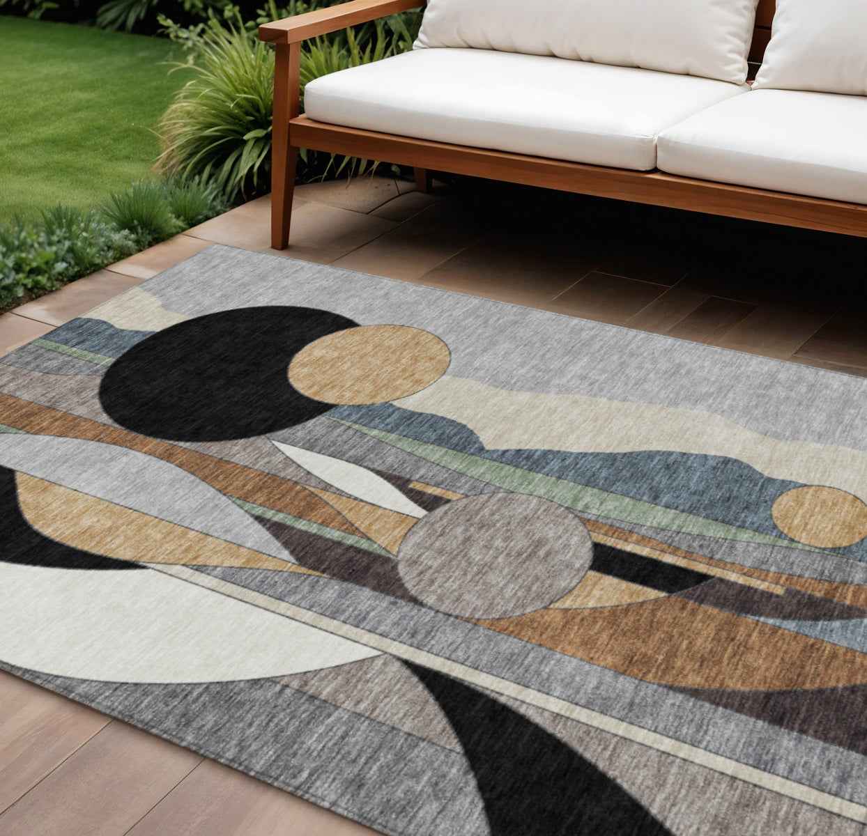 9' X 12' Gray Black And Gold Geometric Washable Indoor Outdoor Area Rug