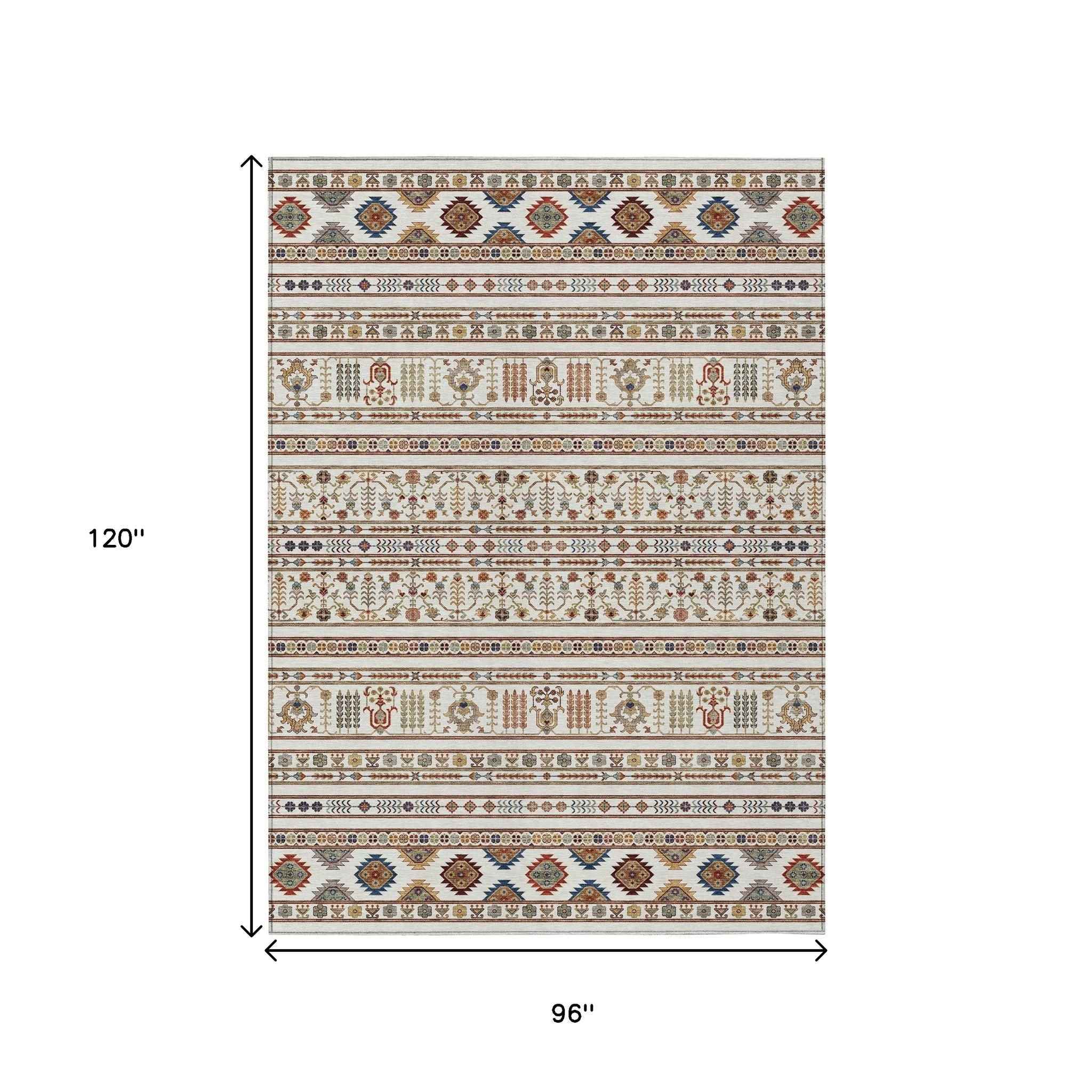 8' X 10' Ivory Blue And Copper Tribal Washable Indoor Outdoor Area Rug