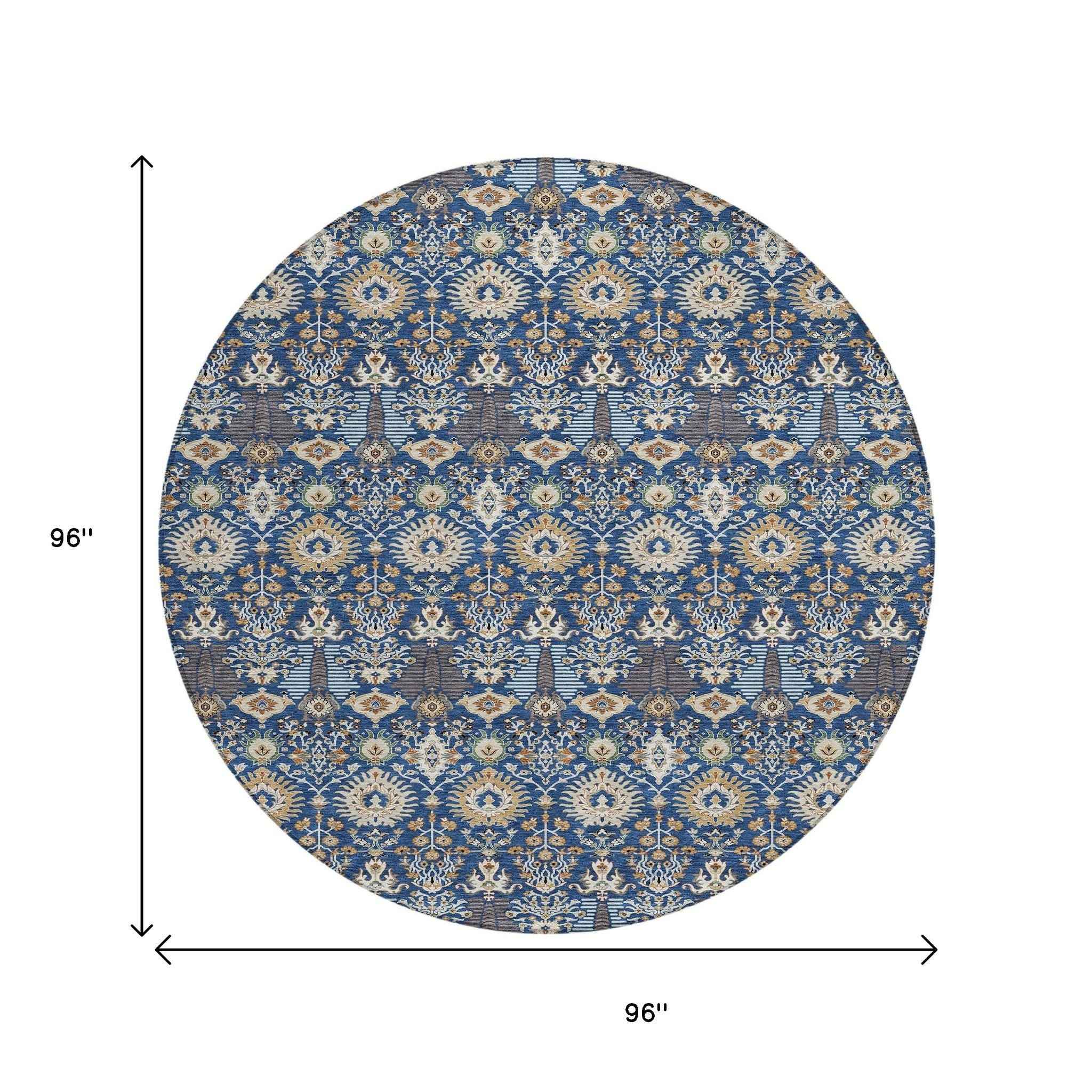 8' Navy Blue And Ivory Round Floral Washable Indoor Outdoor Area Rug