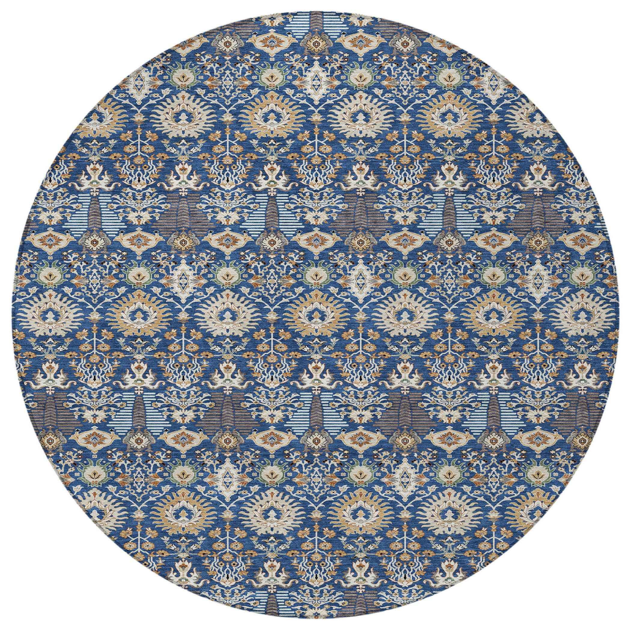 8' Navy Blue And Ivory Round Floral Washable Indoor Outdoor Area Rug