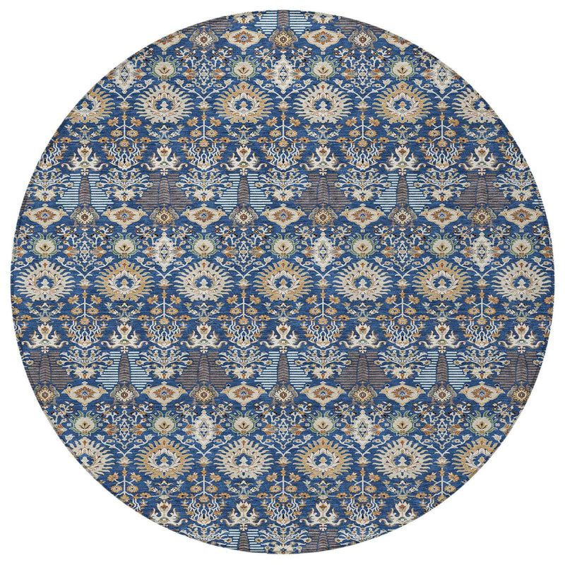8' Navy Blue And Ivory Round Floral Washable Indoor Outdoor Area Rug