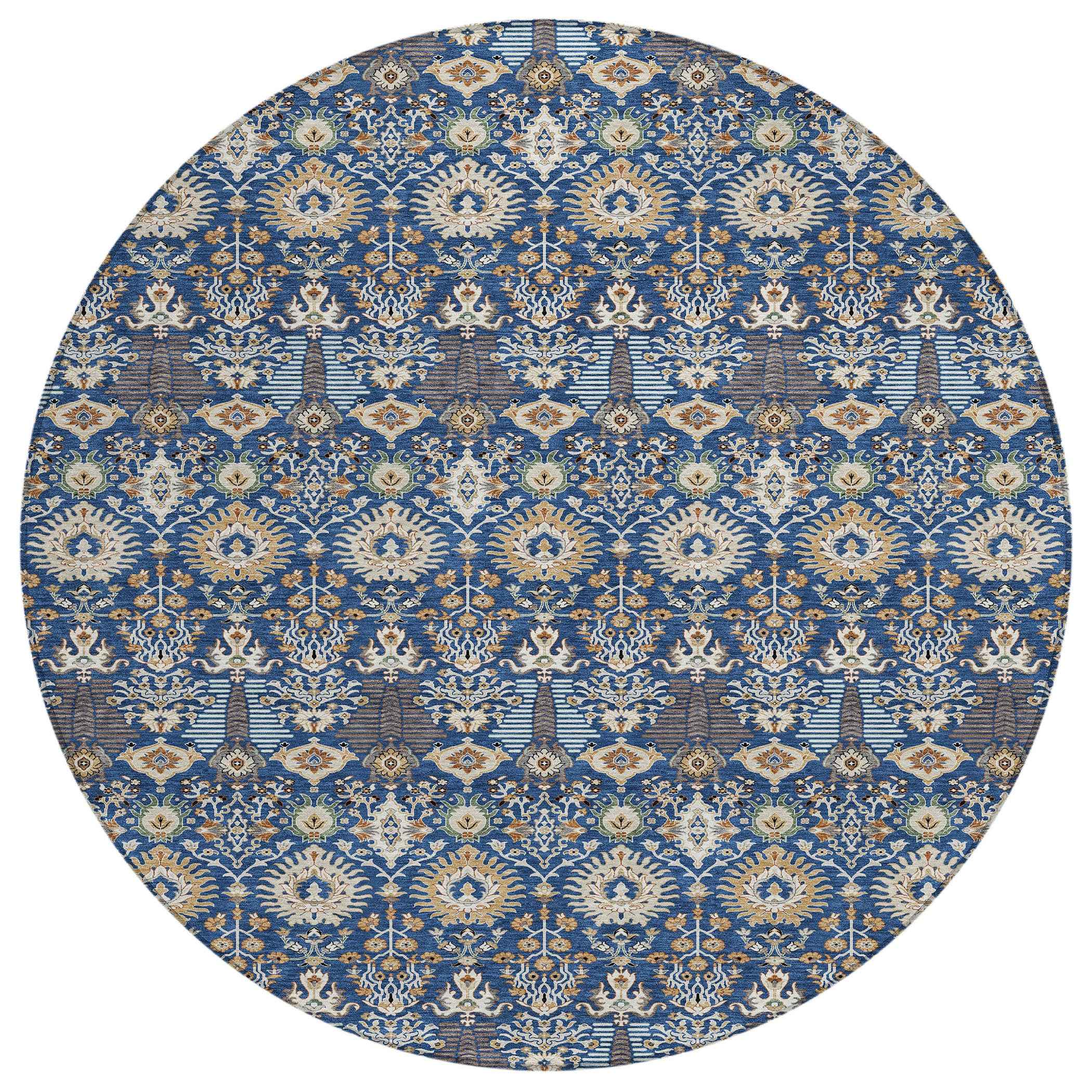 8' Navy Blue And Ivory Round Floral Washable Indoor Outdoor Area Rug