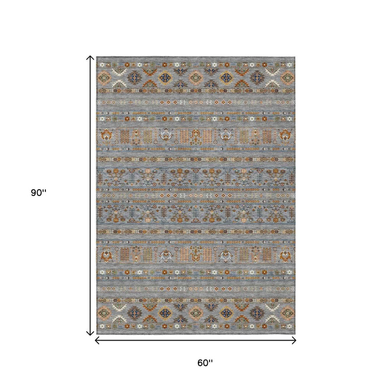 5' X 8' Gray Blue And Copper Tribal Washable Indoor Outdoor Area Rug