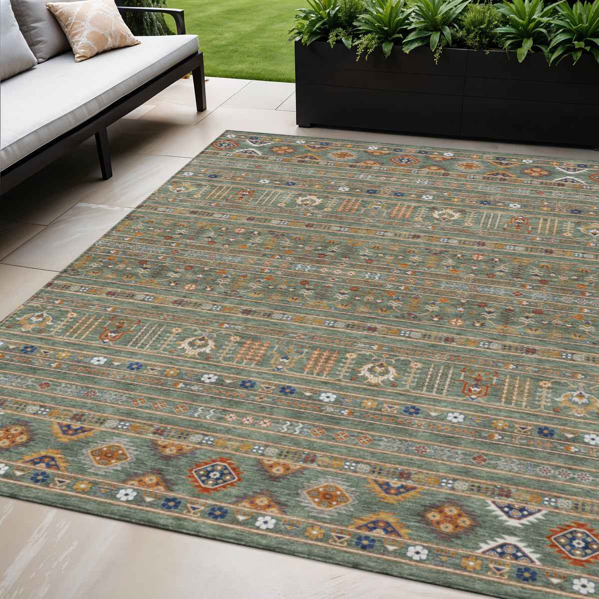 5' X 8' Sage Gold And Copper Tribal Washable Indoor Outdoor Area Rug