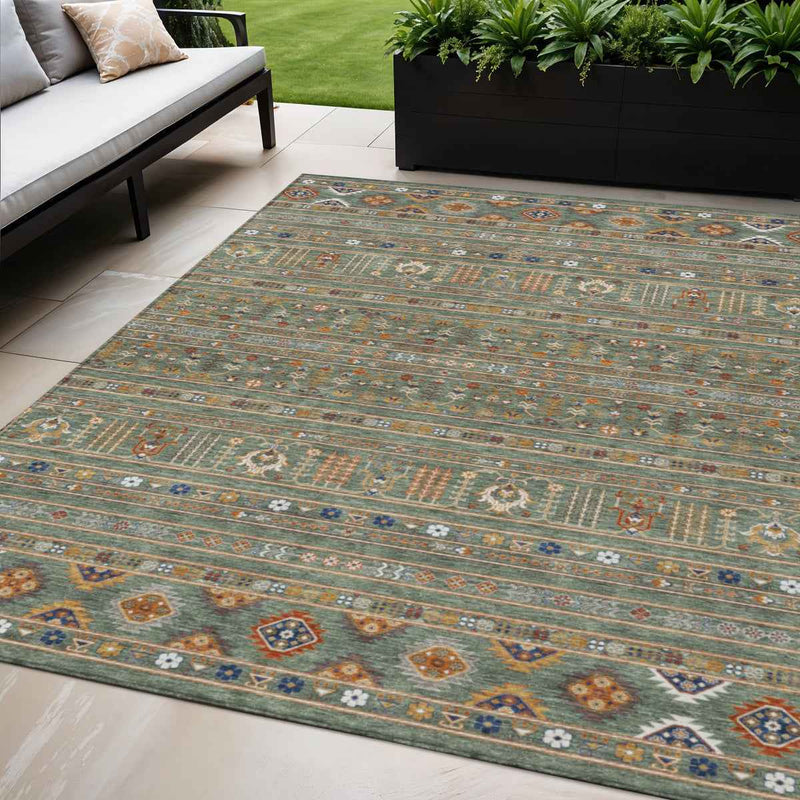 5' X 8' Sage Gold And Copper Tribal Washable Indoor Outdoor Area Rug