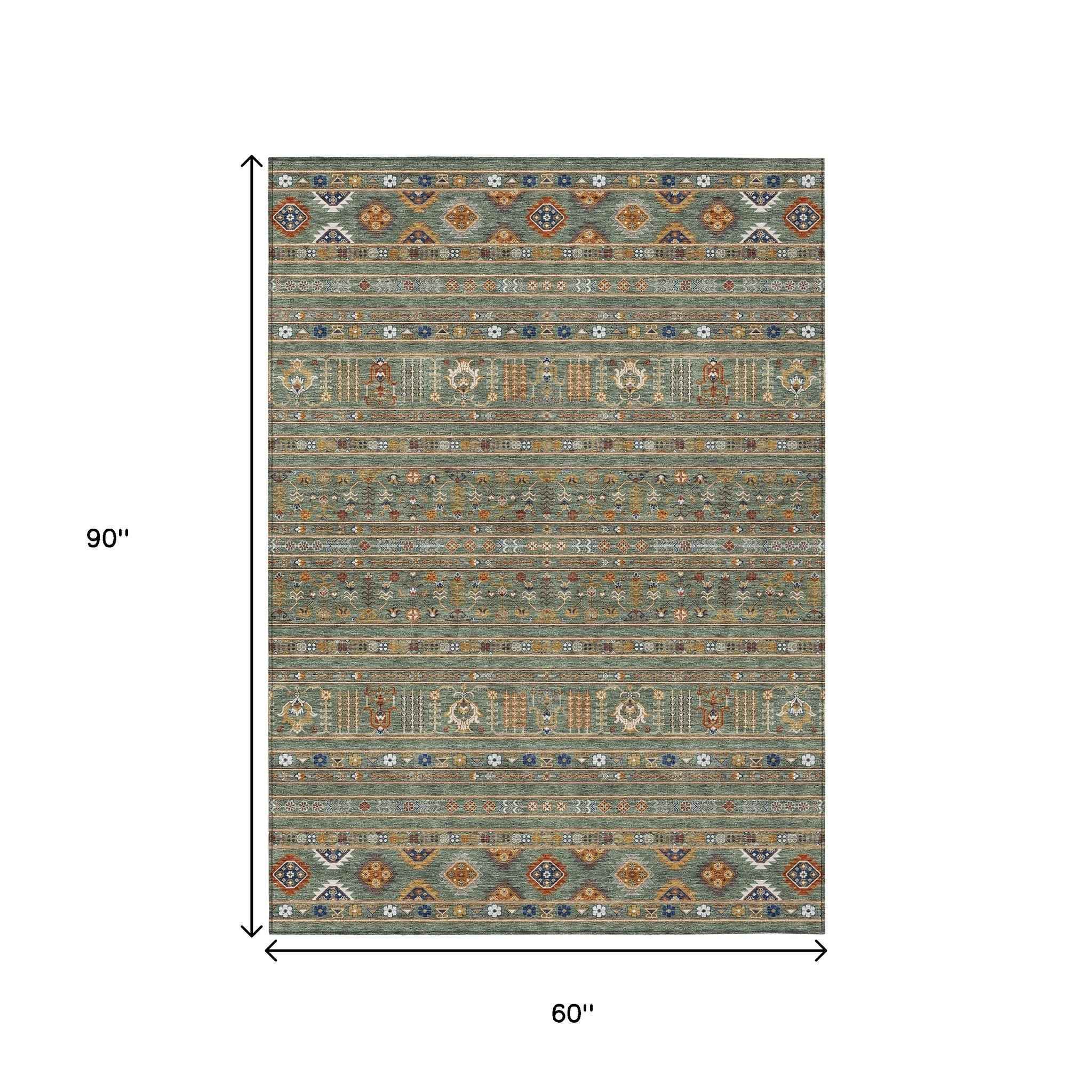 5' X 8' Sage Gold And Copper Tribal Washable Indoor Outdoor Area Rug