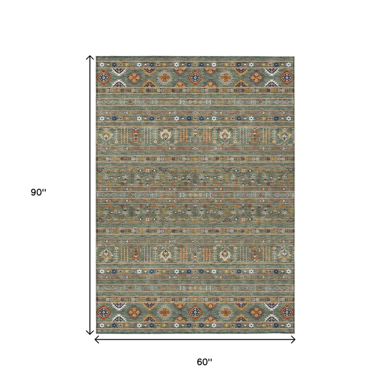 5' X 8' Sage Gold And Copper Tribal Washable Indoor Outdoor Area Rug