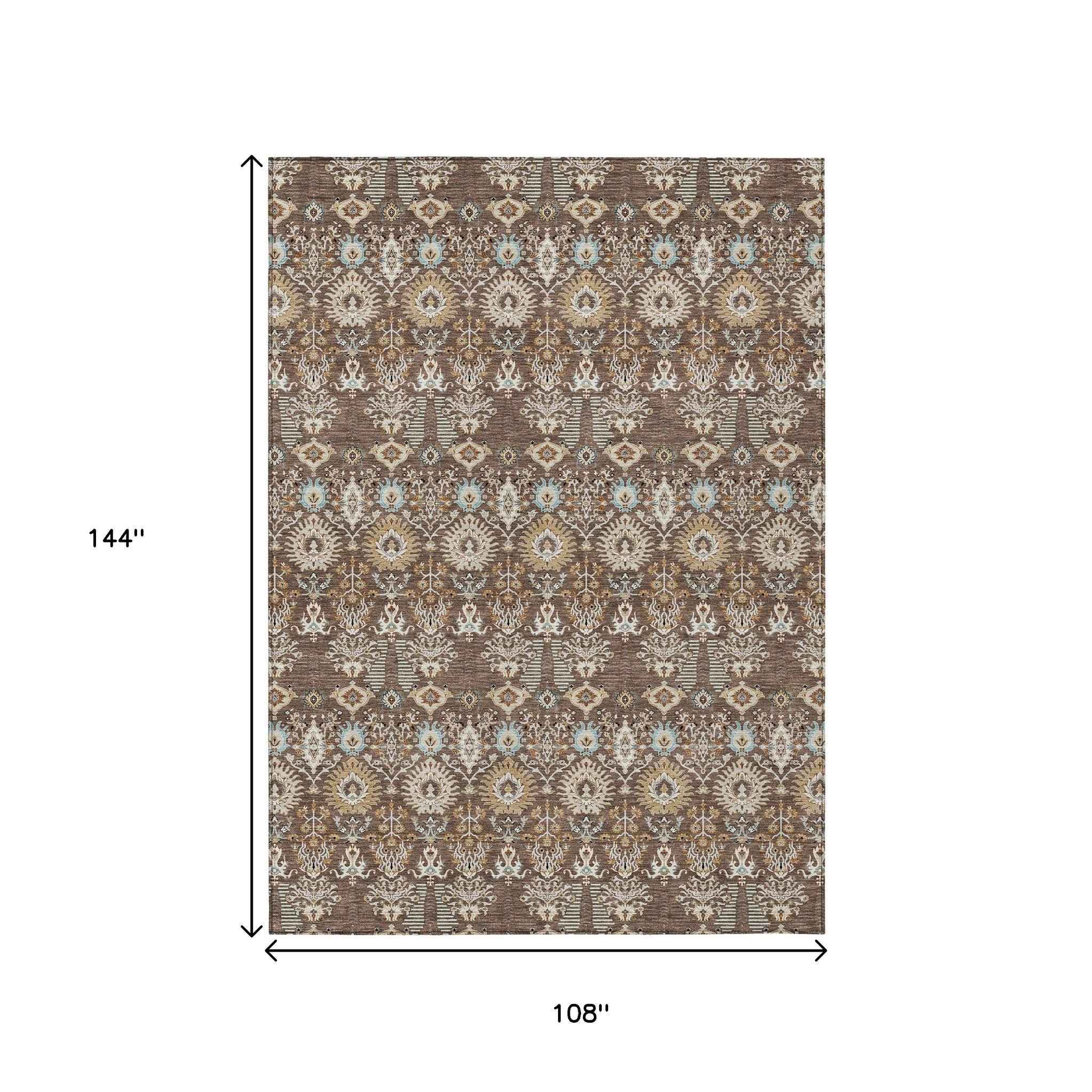 9' X 12' Brown And Beige Floral Washable Indoor Outdoor Area Rug