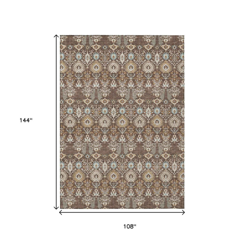 9' X 12' Brown And Beige Floral Washable Indoor Outdoor Area Rug