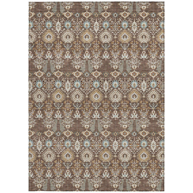 9' X 12' Brown And Beige Floral Washable Indoor Outdoor Area Rug