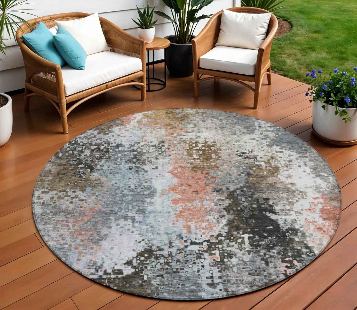 8' Granite Gray Ivory And Coral Round Abstract Washable Indoor Outdoor Area Rug
