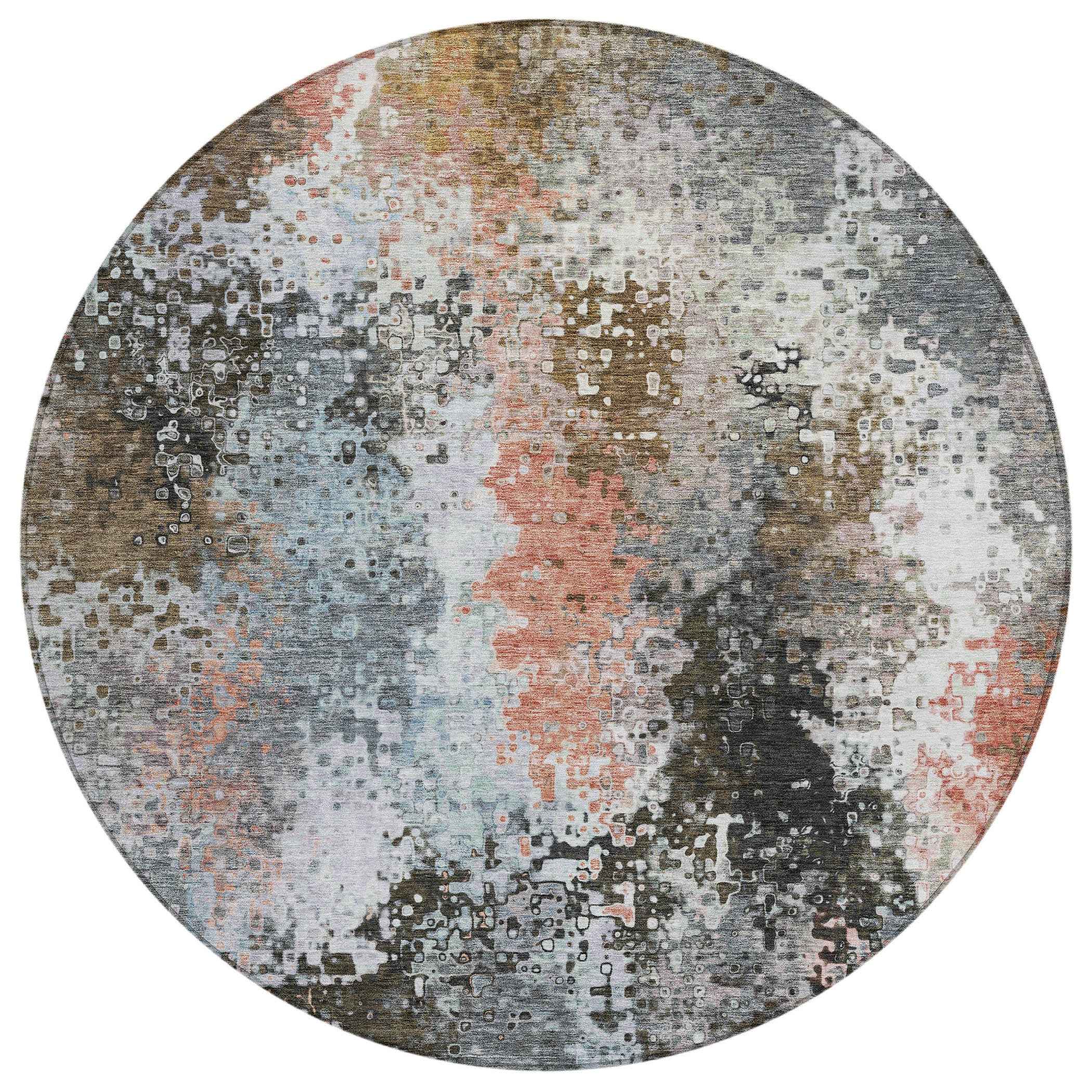 8' Granite Gray Ivory And Coral Round Abstract Washable Indoor Outdoor Area Rug