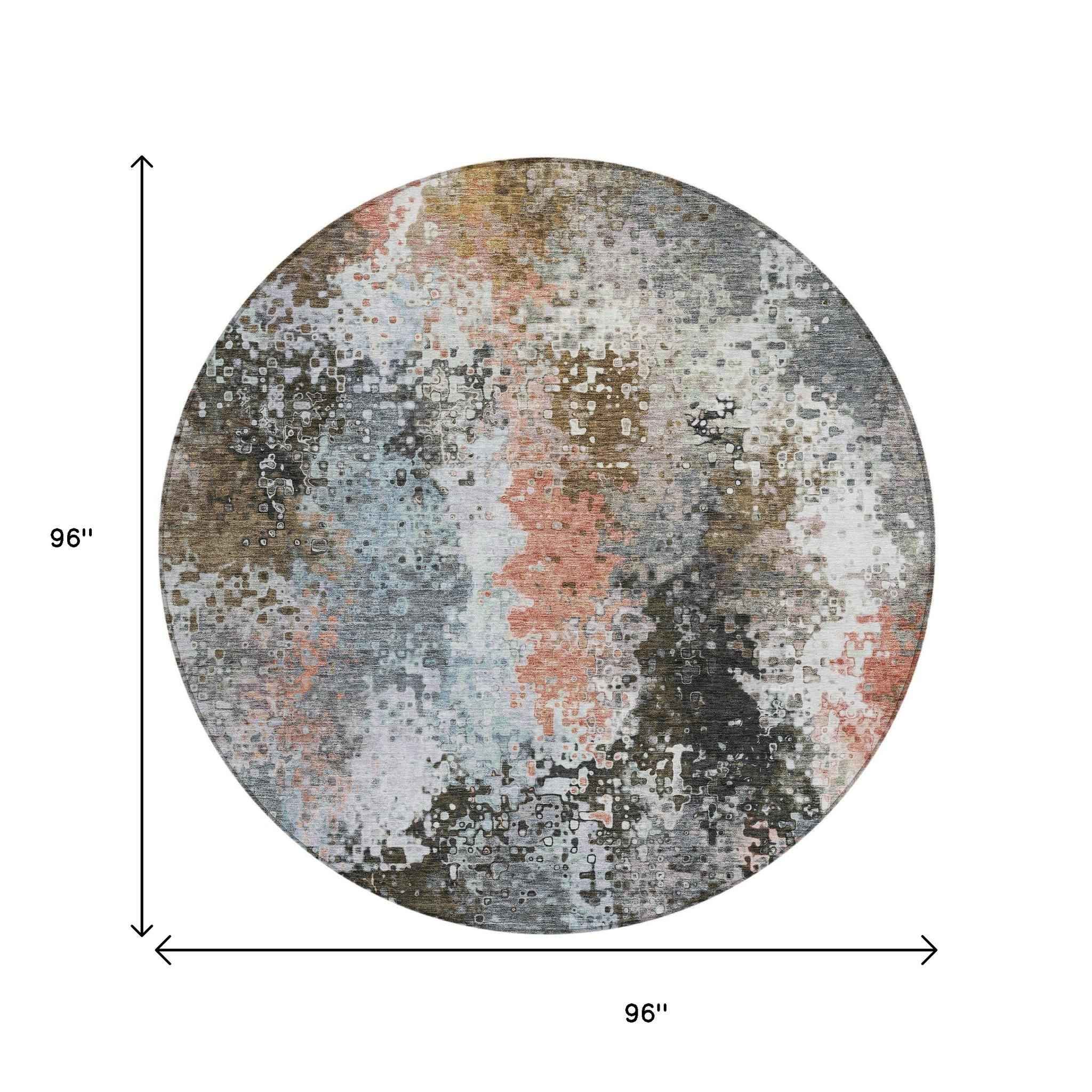 8' Granite Gray Ivory And Coral Round Abstract Washable Indoor Outdoor Area Rug