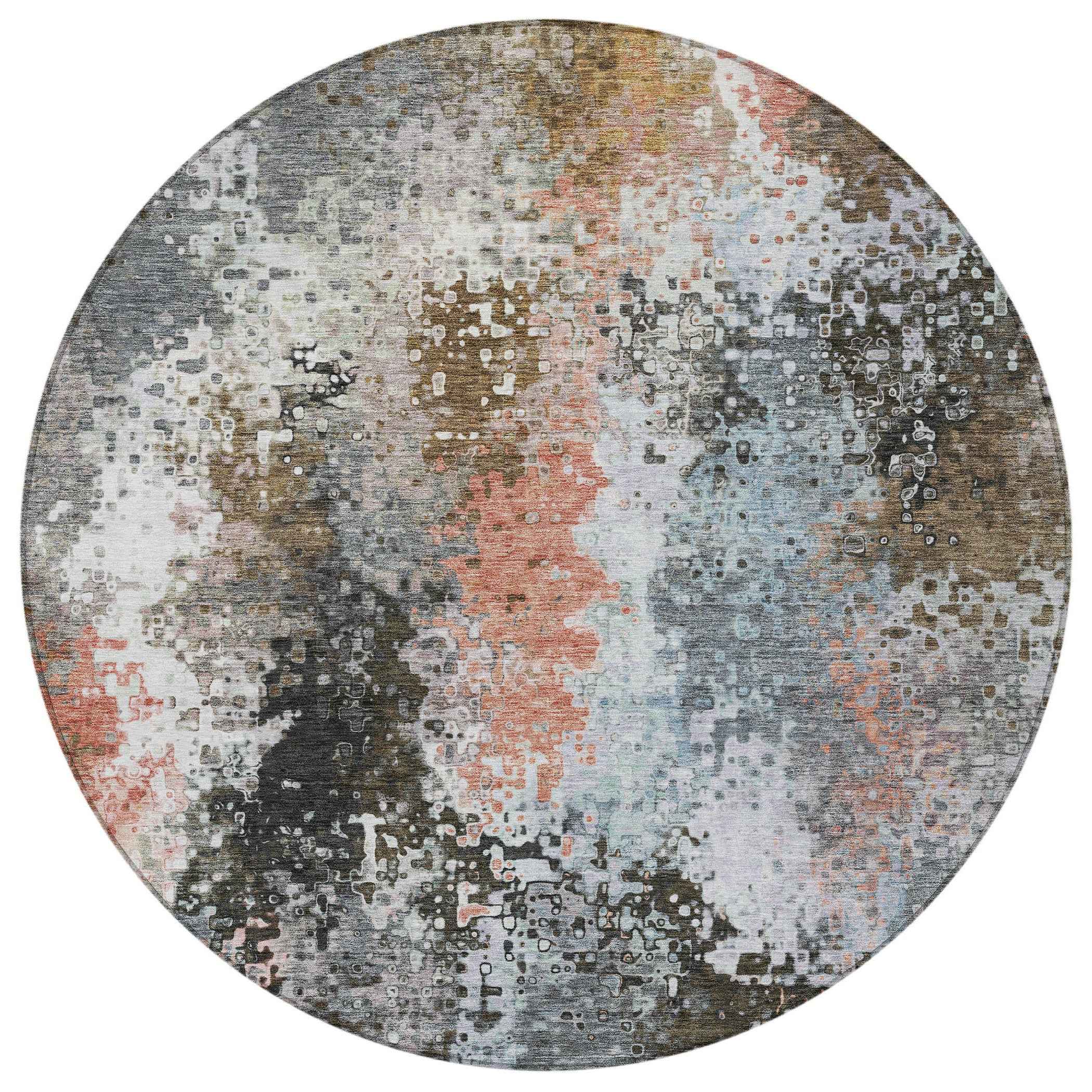 8' Granite Gray Ivory And Coral Round Abstract Washable Indoor Outdoor Area Rug