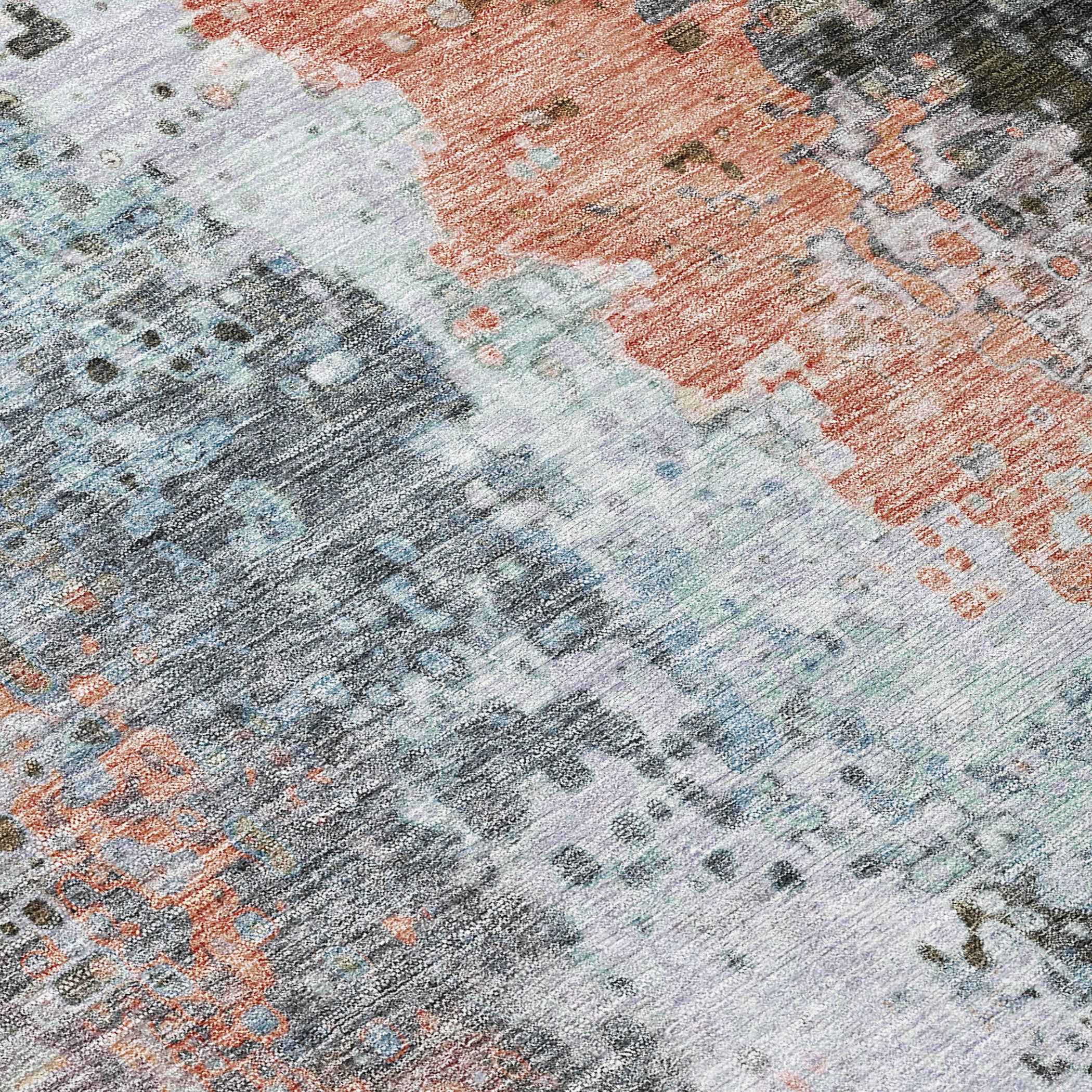 8' Granite Gray Ivory And Coral Round Abstract Washable Indoor Outdoor Area Rug