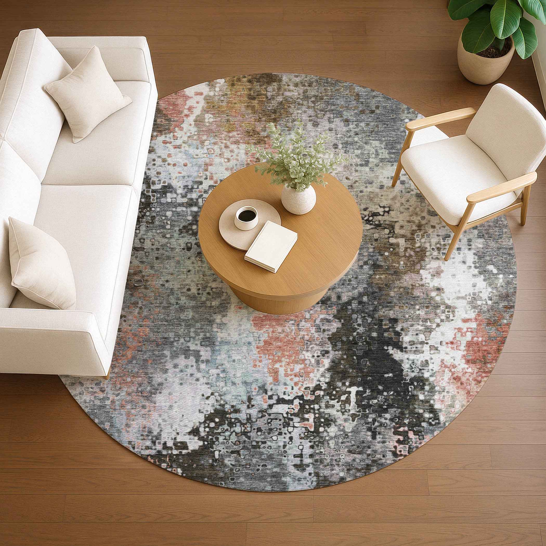 8' Granite Gray Ivory And Coral Round Abstract Washable Indoor Outdoor Area Rug