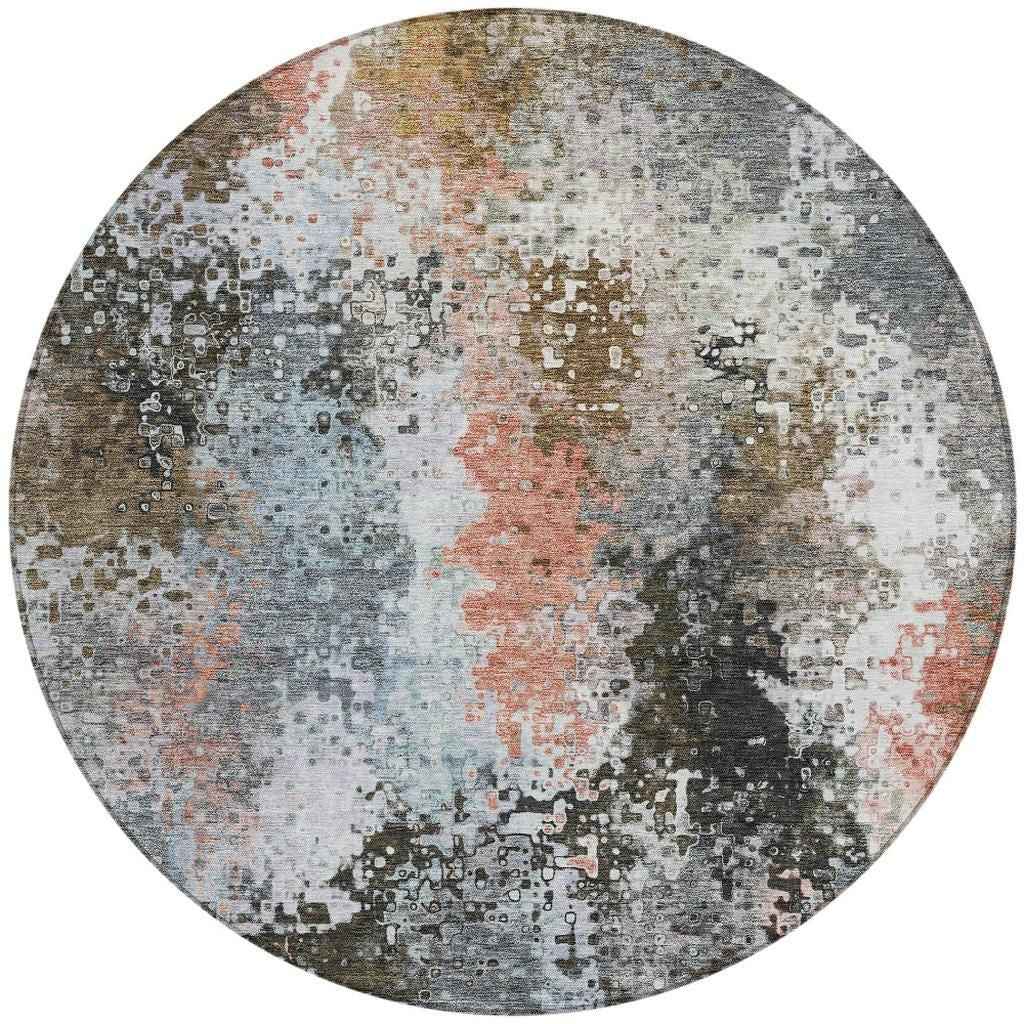 8' Granite Gray Ivory And Coral Round Abstract Washable Indoor Outdoor Area Rug