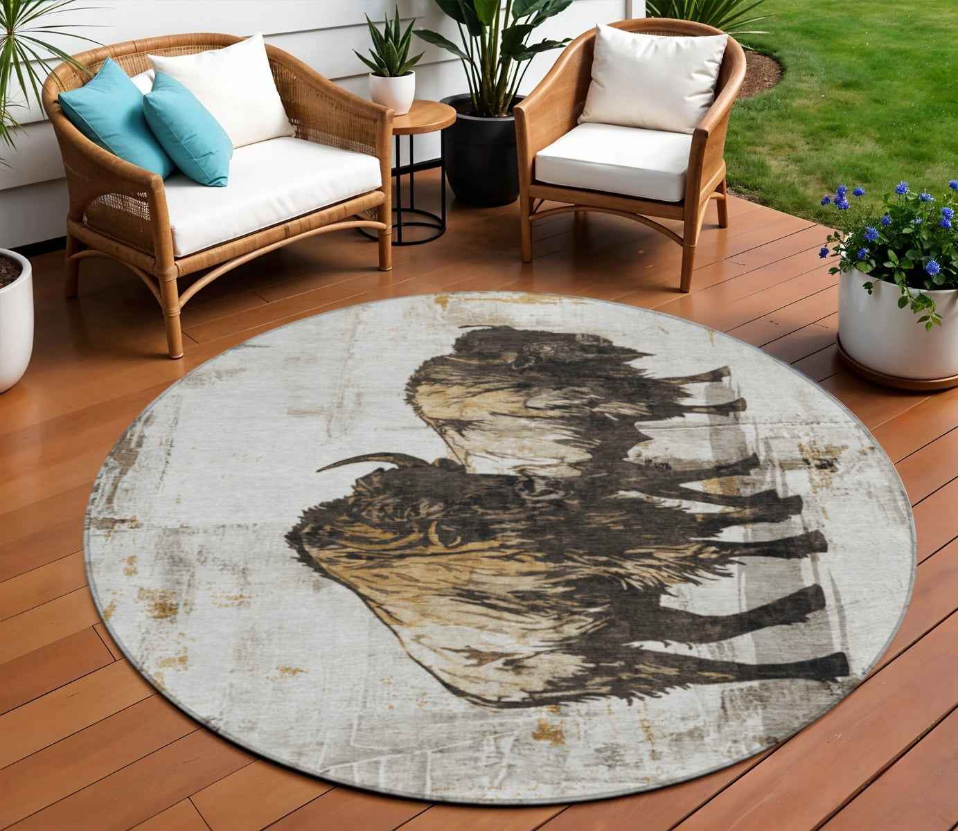 8' Khaki Black And Ivory Round Animal Print Washable Indoor Outdoor Area Rug