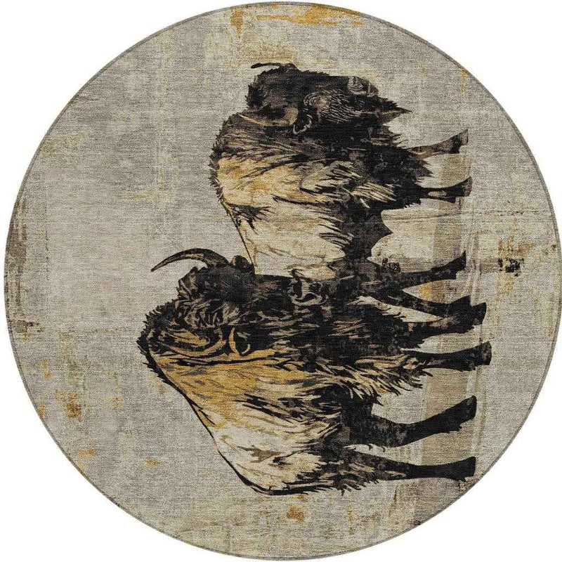 8' Khaki Black And Ivory Round Animal Print Washable Indoor Outdoor Area Rug