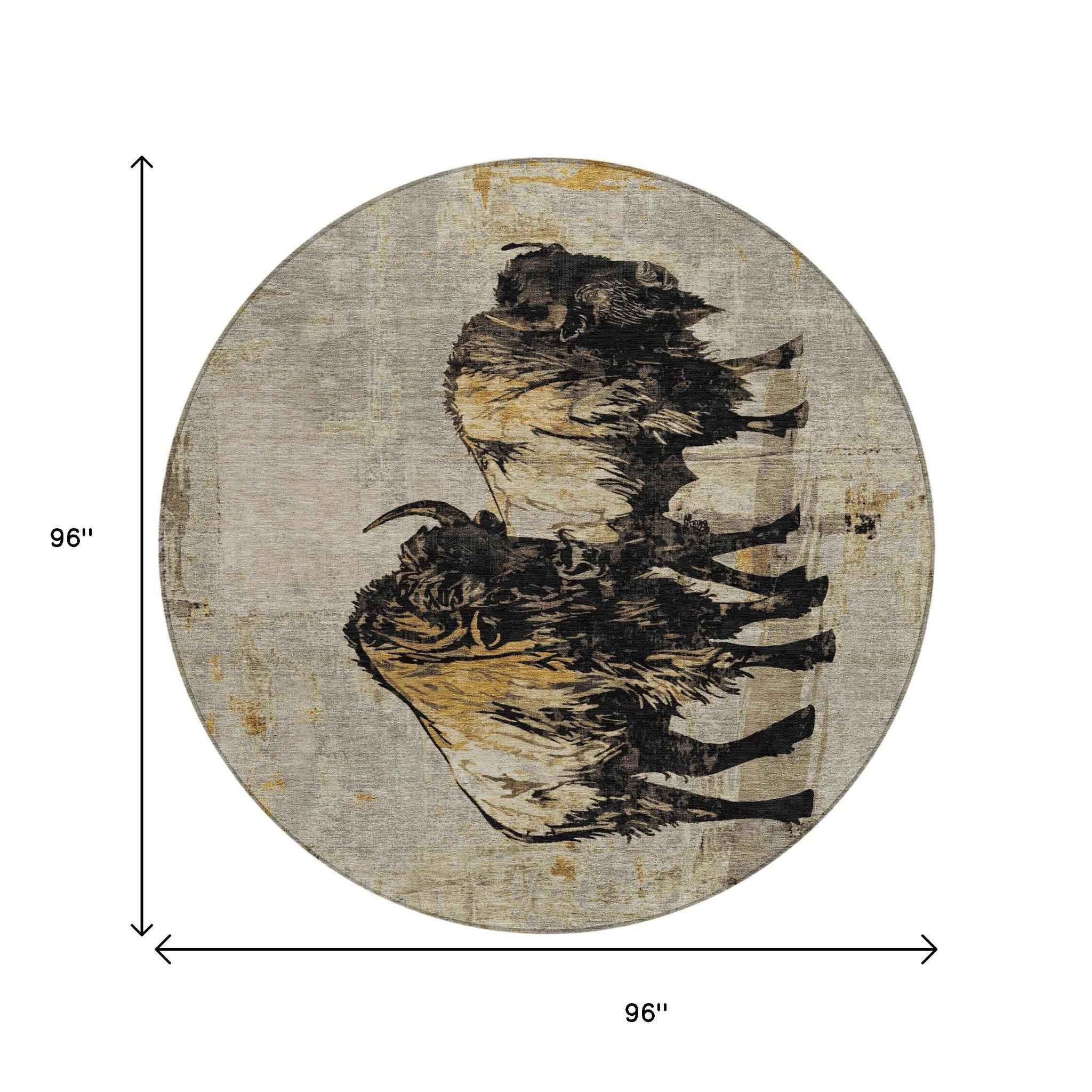 8' Khaki Black And Ivory Round Animal Print Washable Indoor Outdoor Area Rug