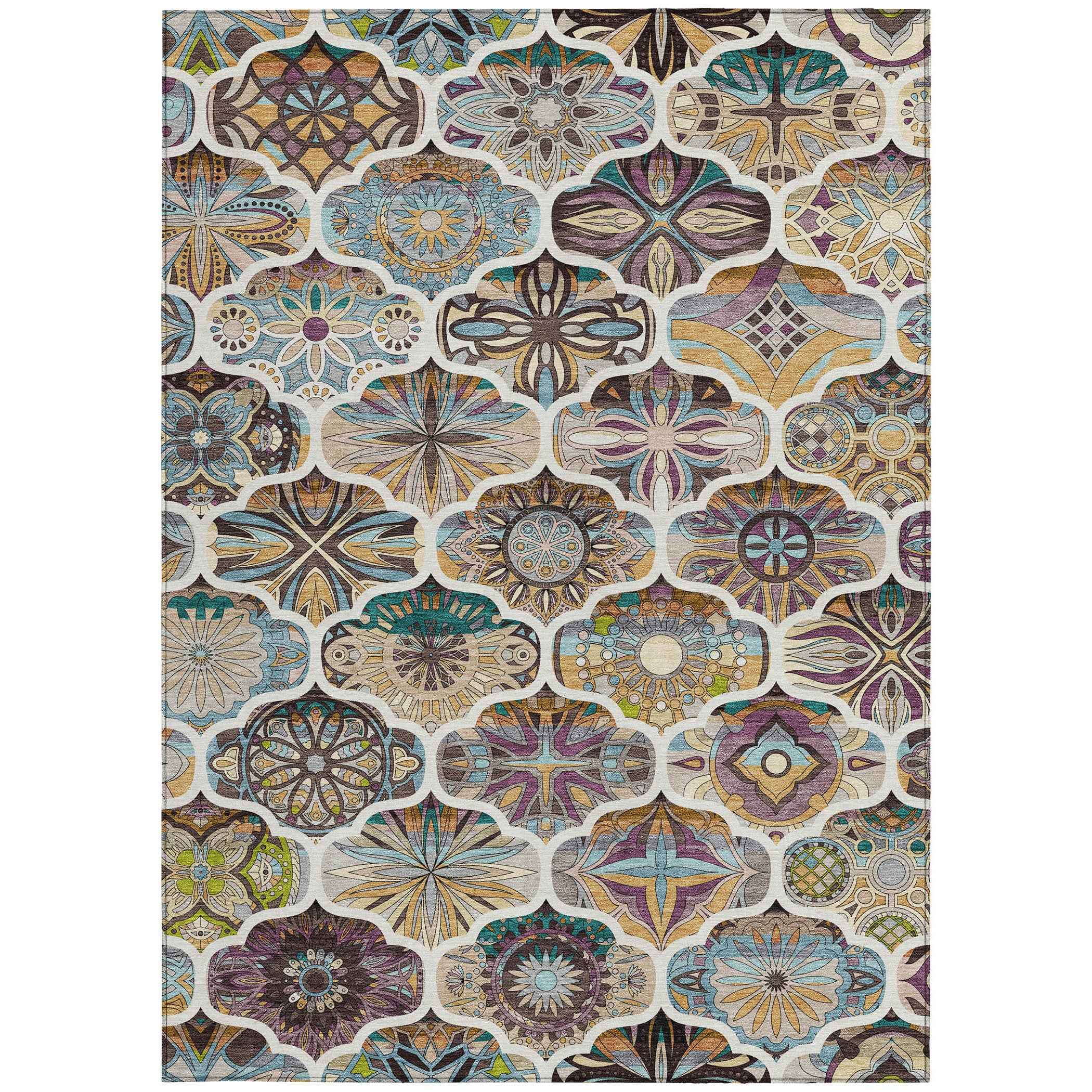 5' X 8' Beige Teal Blue And Copper Quatrefoil Washable Indoor Outdoor Area Rug