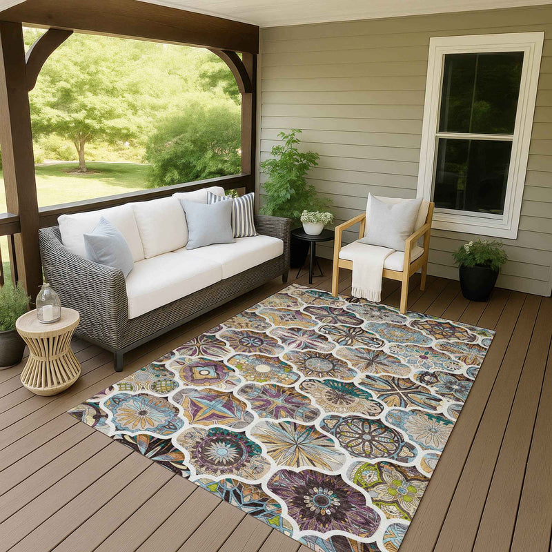 5' X 8' Beige Teal Blue And Copper Quatrefoil Washable Indoor Outdoor Area Rug