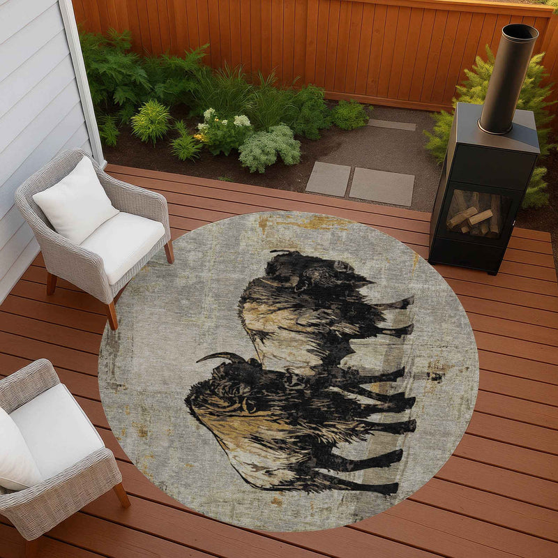 8' Khaki Black And Ivory Round Animal Print Washable Indoor Outdoor Area Rug