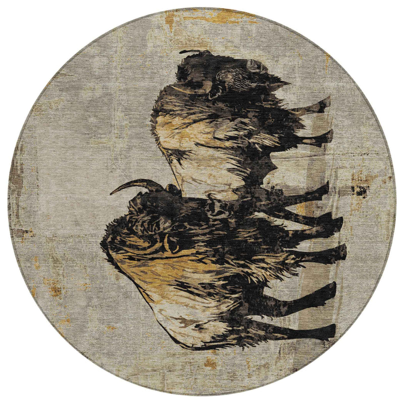 8' Khaki Black And Ivory Round Animal Print Washable Indoor Outdoor Area Rug