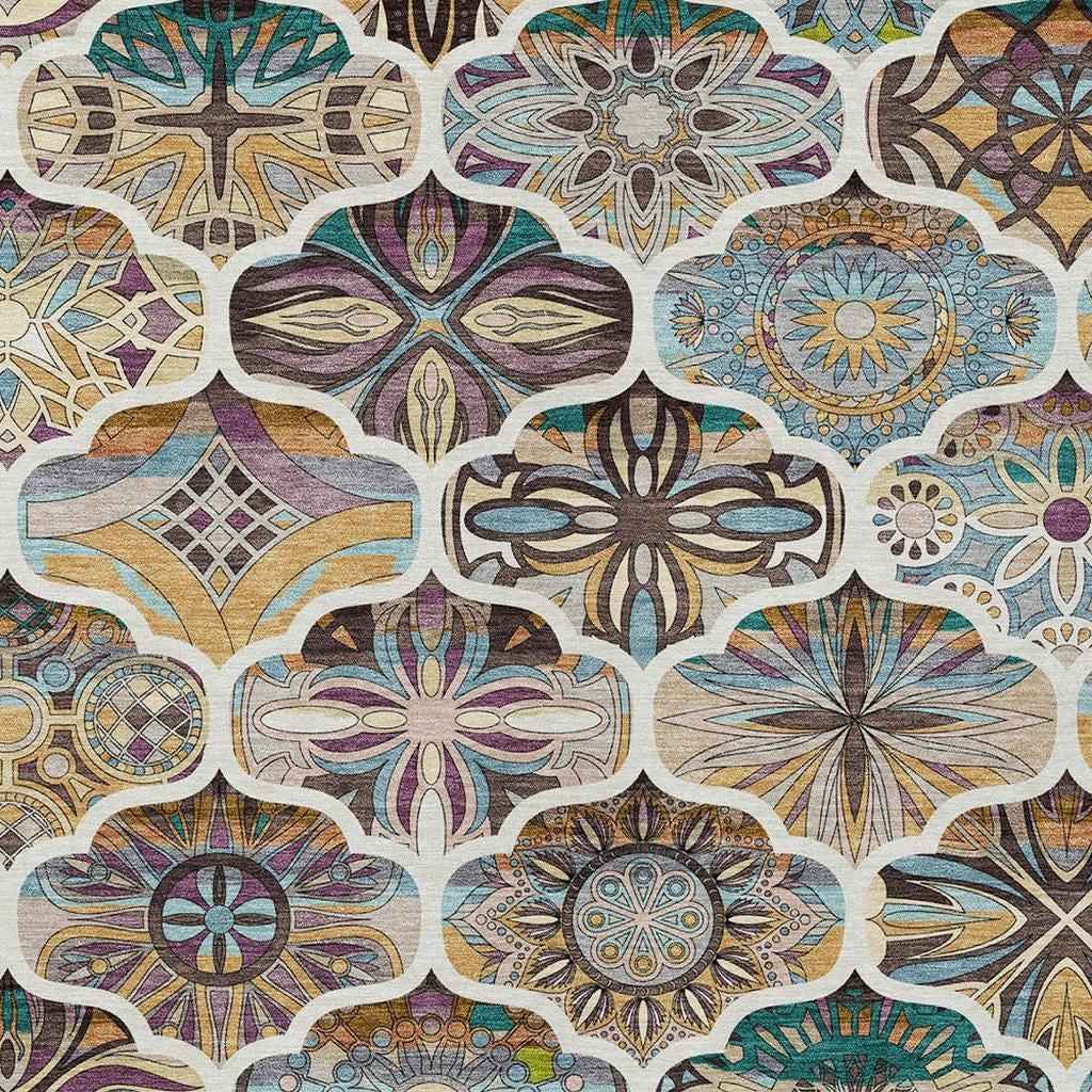 5' X 8' Beige Teal Blue And Copper Quatrefoil Washable Indoor Outdoor Area Rug