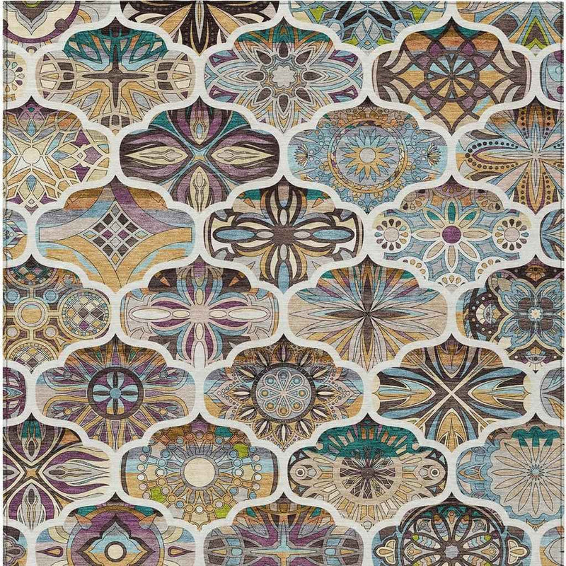 5' X 8' Beige Teal Blue And Copper Quatrefoil Washable Indoor Outdoor Area Rug