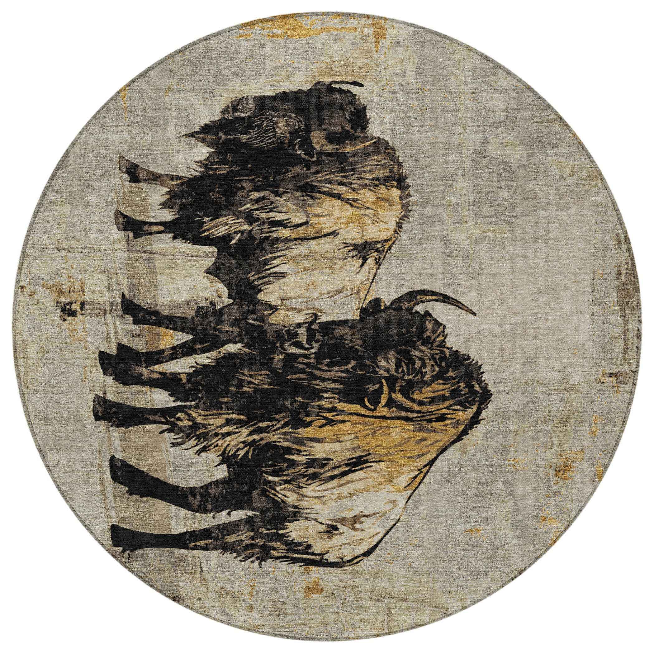 8' Khaki Black And Ivory Round Animal Print Washable Indoor Outdoor Area Rug