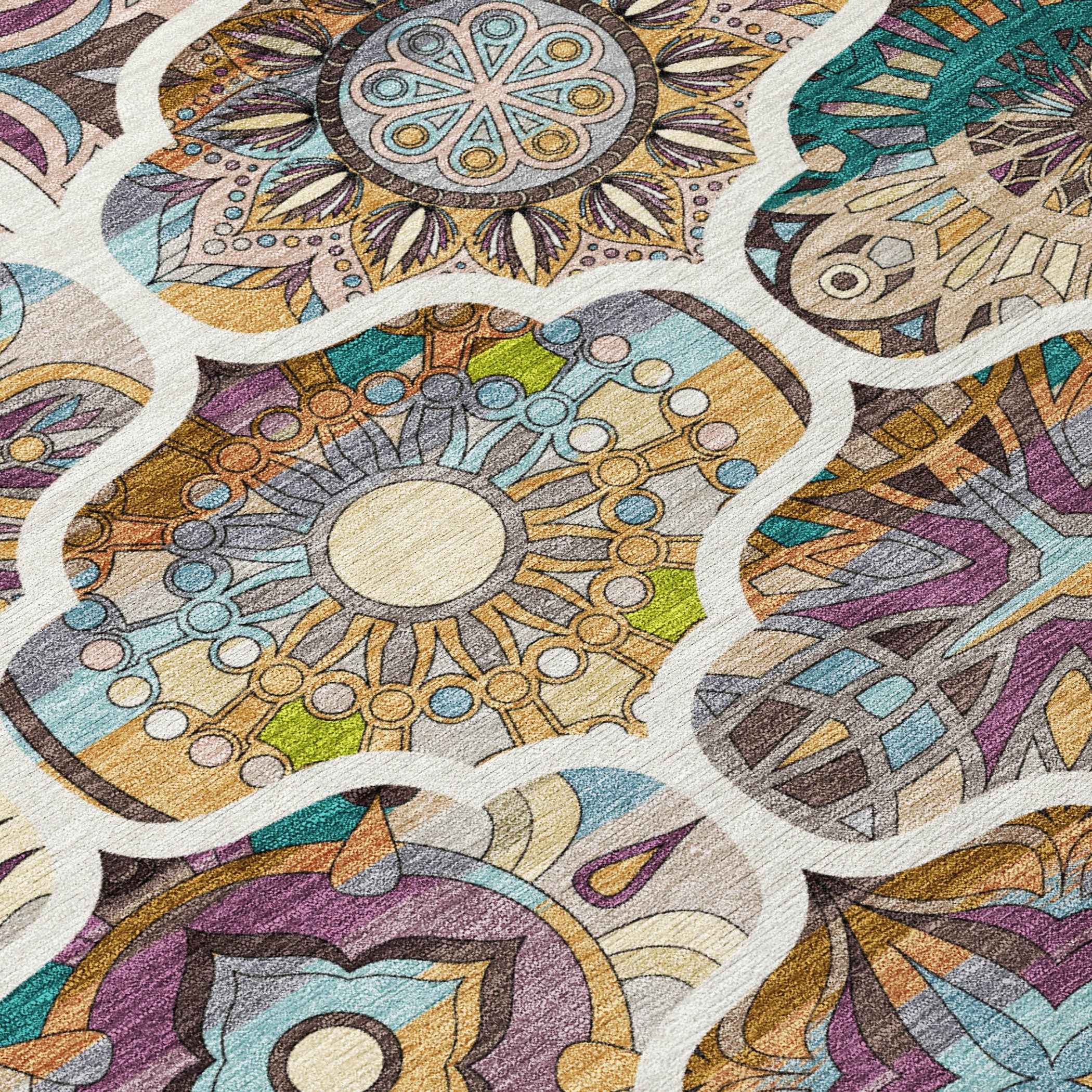 5' X 8' Beige Teal Blue And Copper Quatrefoil Washable Indoor Outdoor Area Rug