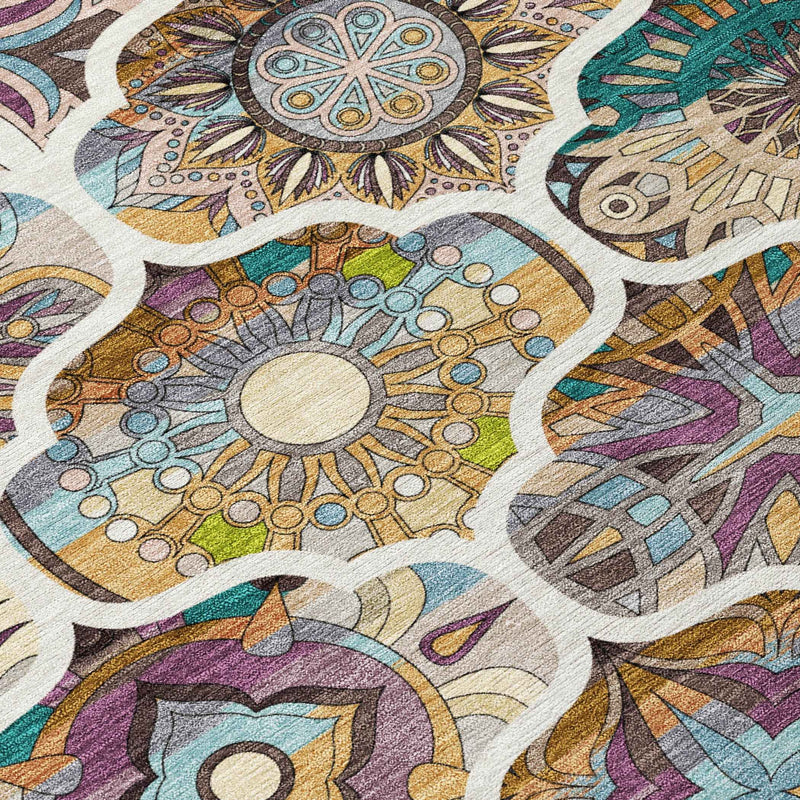 5' X 8' Beige Teal Blue And Copper Quatrefoil Washable Indoor Outdoor Area Rug