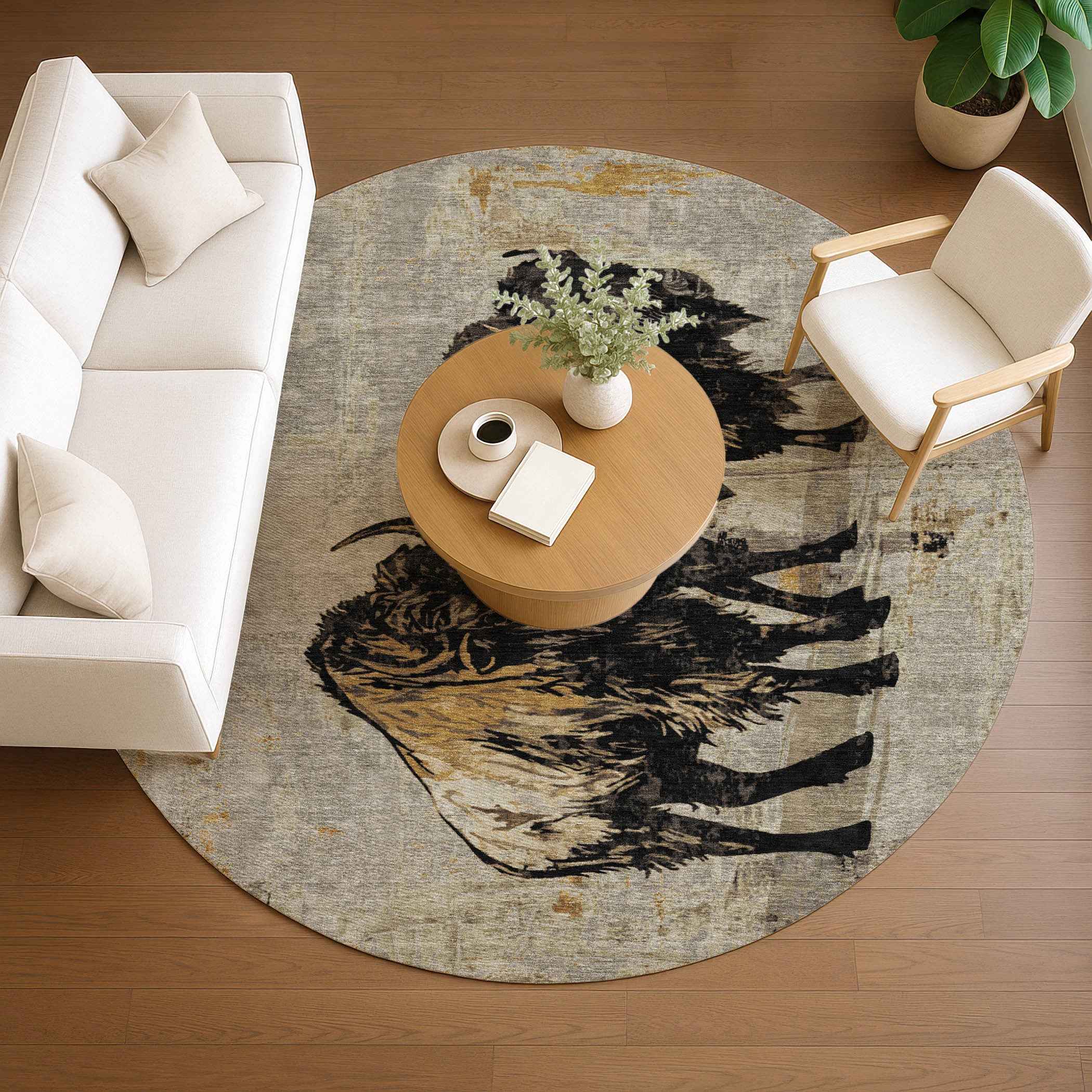 8' Khaki Black And Ivory Round Animal Print Washable Indoor Outdoor Area Rug