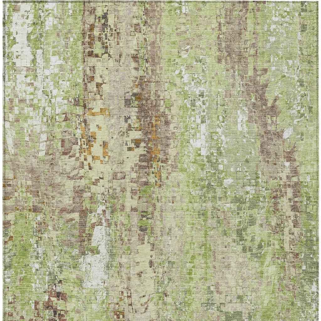 9' X 12' Green Tan And Ivory Abstract Washable Indoor Outdoor Area Rug