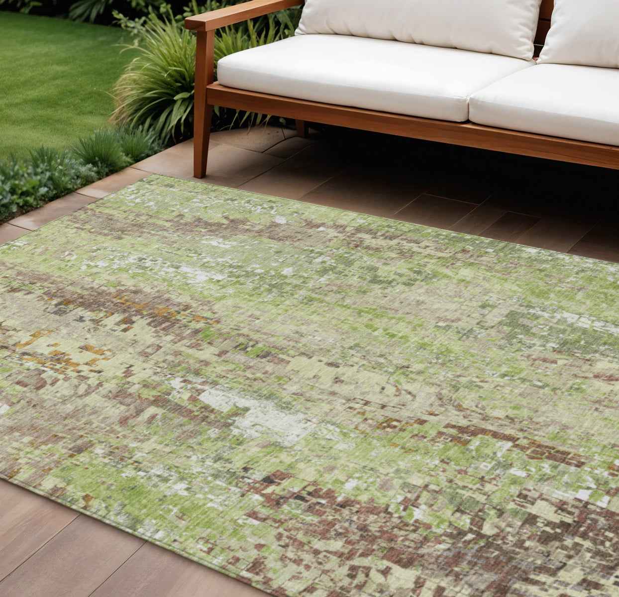 9' X 12' Green Tan And Ivory Abstract Washable Indoor Outdoor Area Rug