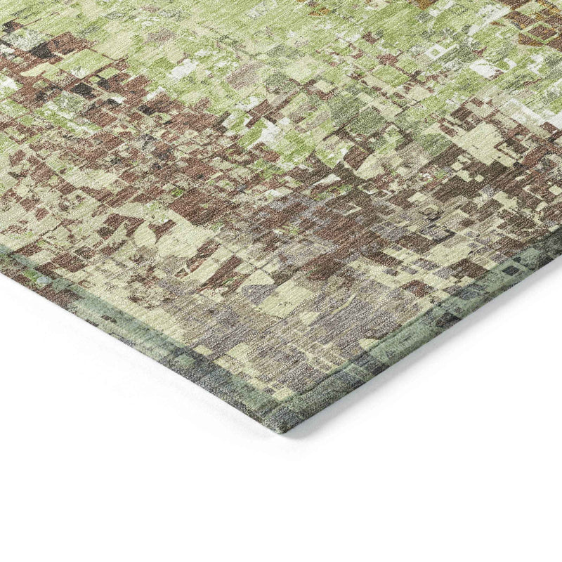 9' X 12' Green Tan And Ivory Abstract Washable Indoor Outdoor Area Rug