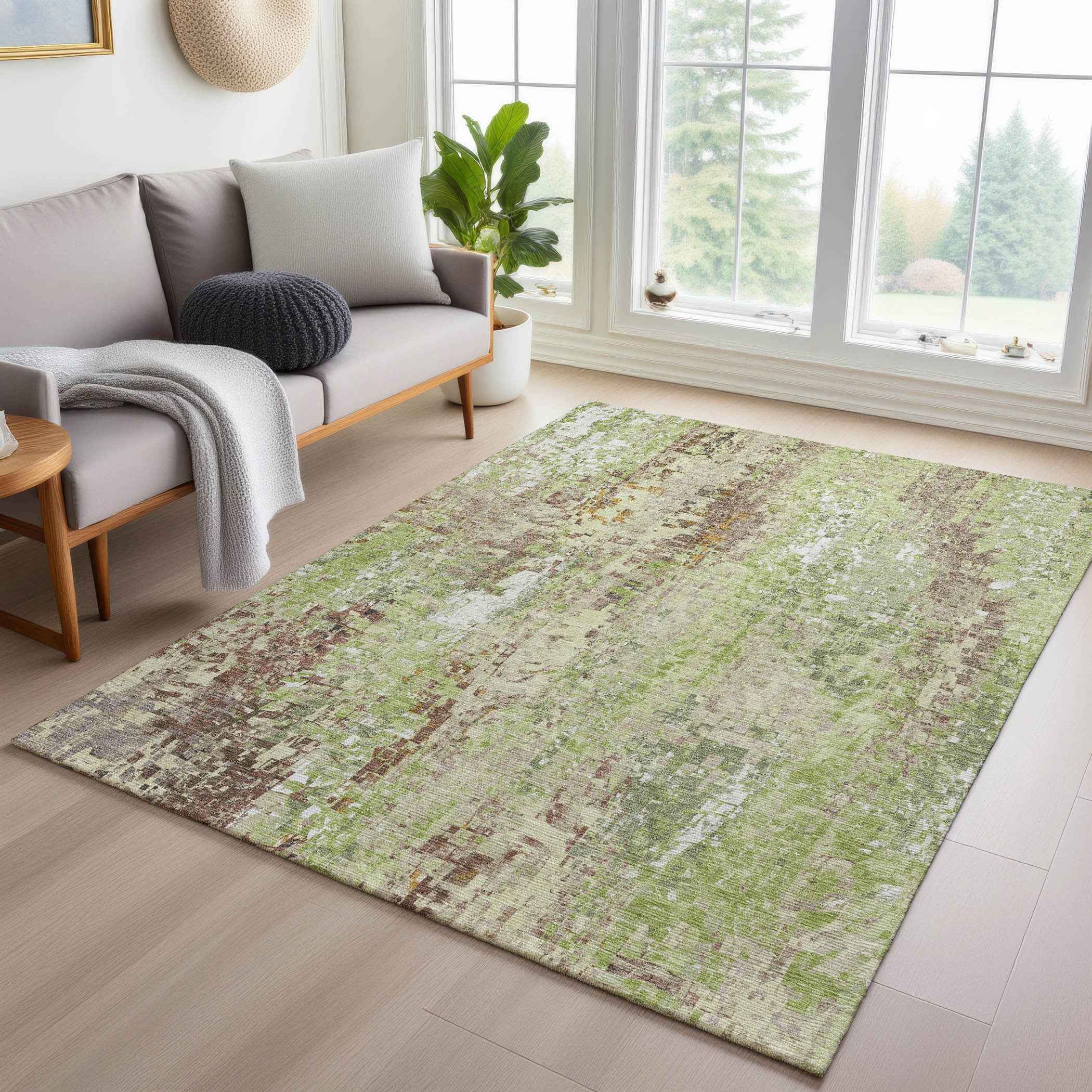 9' X 12' Green Tan And Ivory Abstract Washable Indoor Outdoor Area Rug