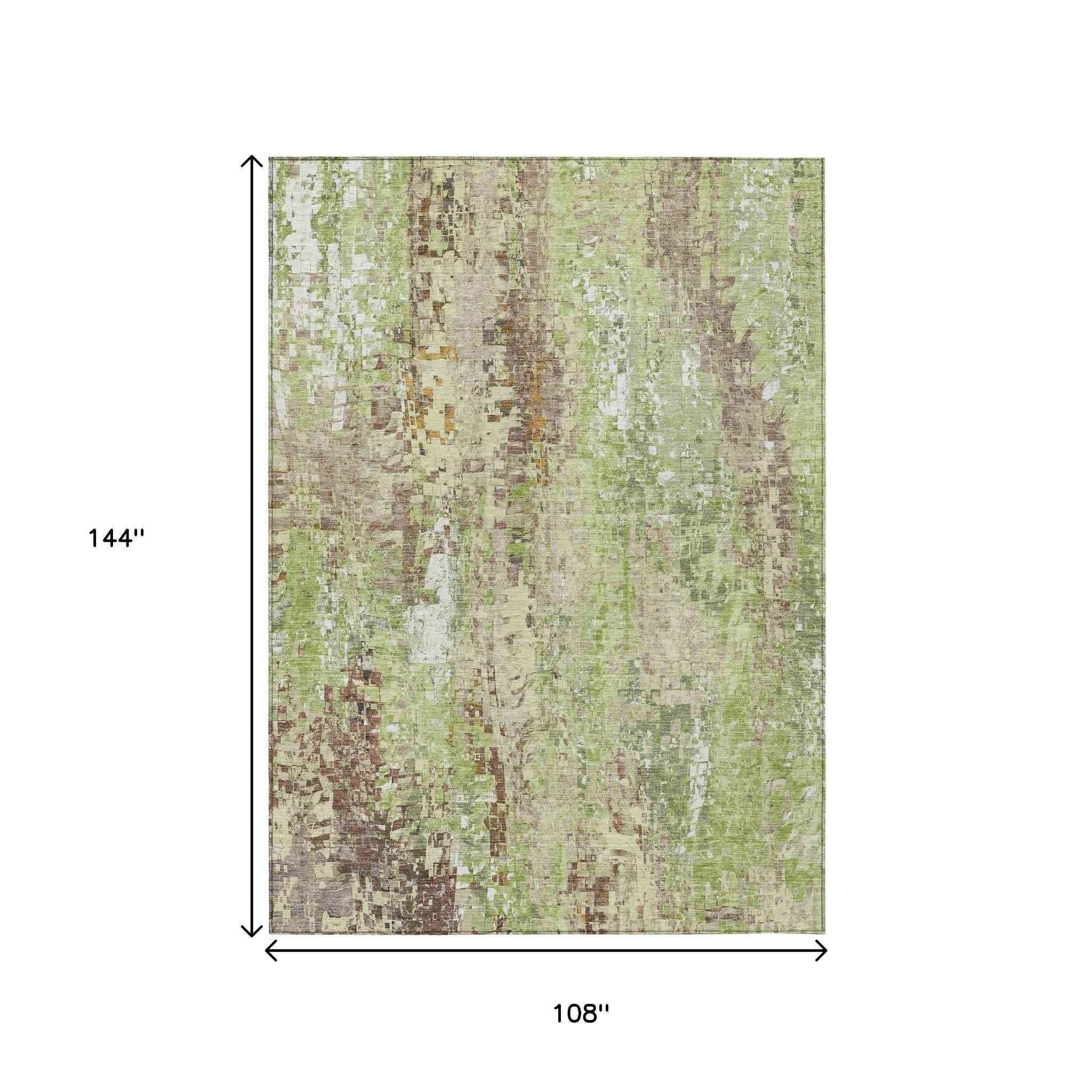 9' X 12' Green Tan And Ivory Abstract Washable Indoor Outdoor Area Rug