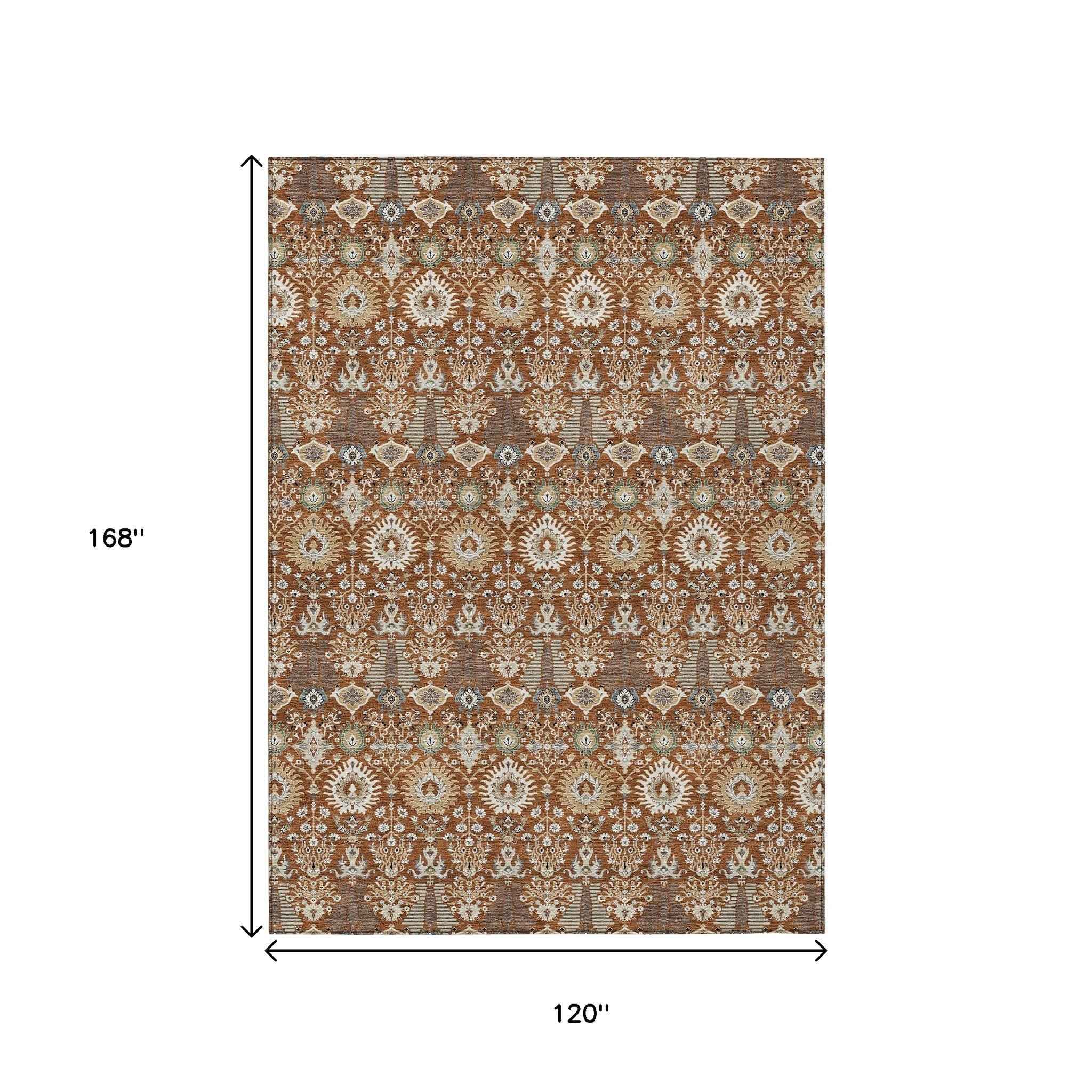 10' X 14' Rust And Ivory Floral Washable Indoor Outdoor Area Rug
