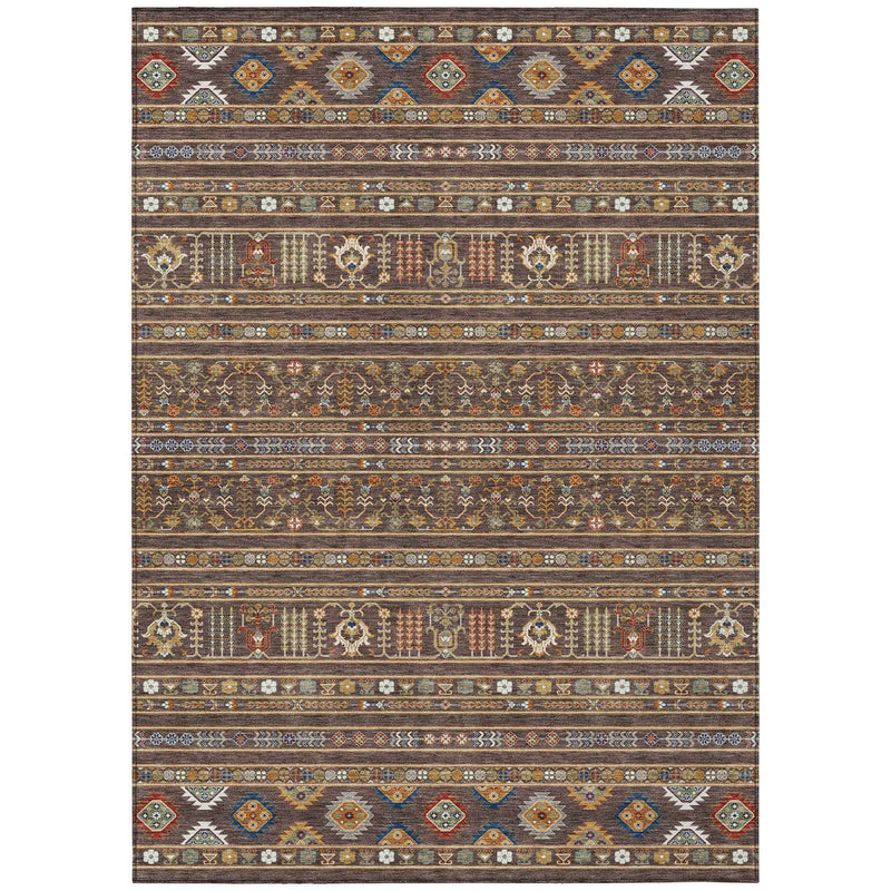 5' X 8' Chocolate Blue And Copper Tribal Washable Indoor Outdoor Area Rug