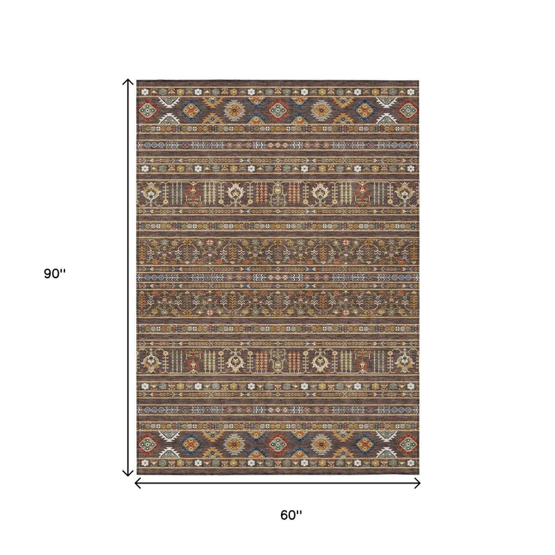 5' X 8' Chocolate Blue And Copper Tribal Washable Indoor Outdoor Area Rug