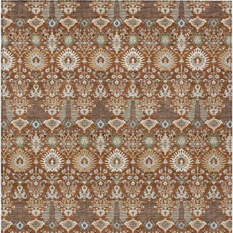 10' X 14' Rust And Ivory Floral Washable Indoor Outdoor Area Rug