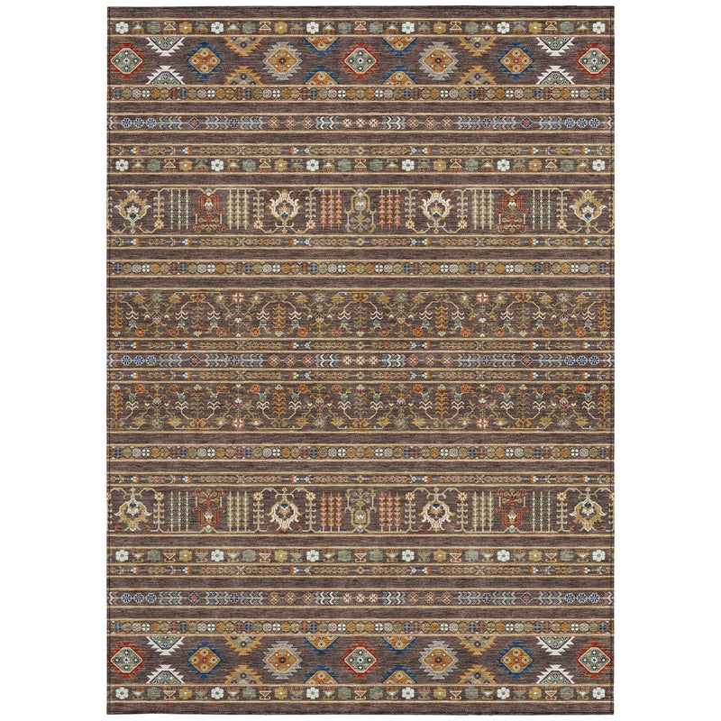 5' X 8' Chocolate Blue And Copper Tribal Washable Indoor Outdoor Area Rug