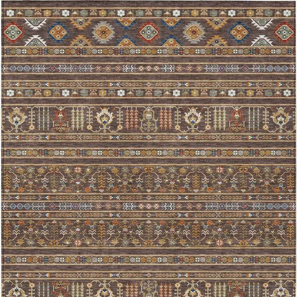 5' X 8' Chocolate Blue And Copper Tribal Washable Indoor Outdoor Area Rug