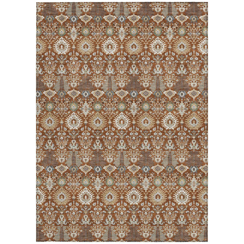 10' X 14' Rust And Ivory Floral Washable Indoor Outdoor Area Rug