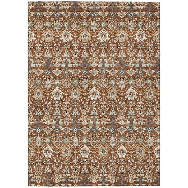 10' X 14' Rust And Ivory Floral Washable Indoor Outdoor Area Rug