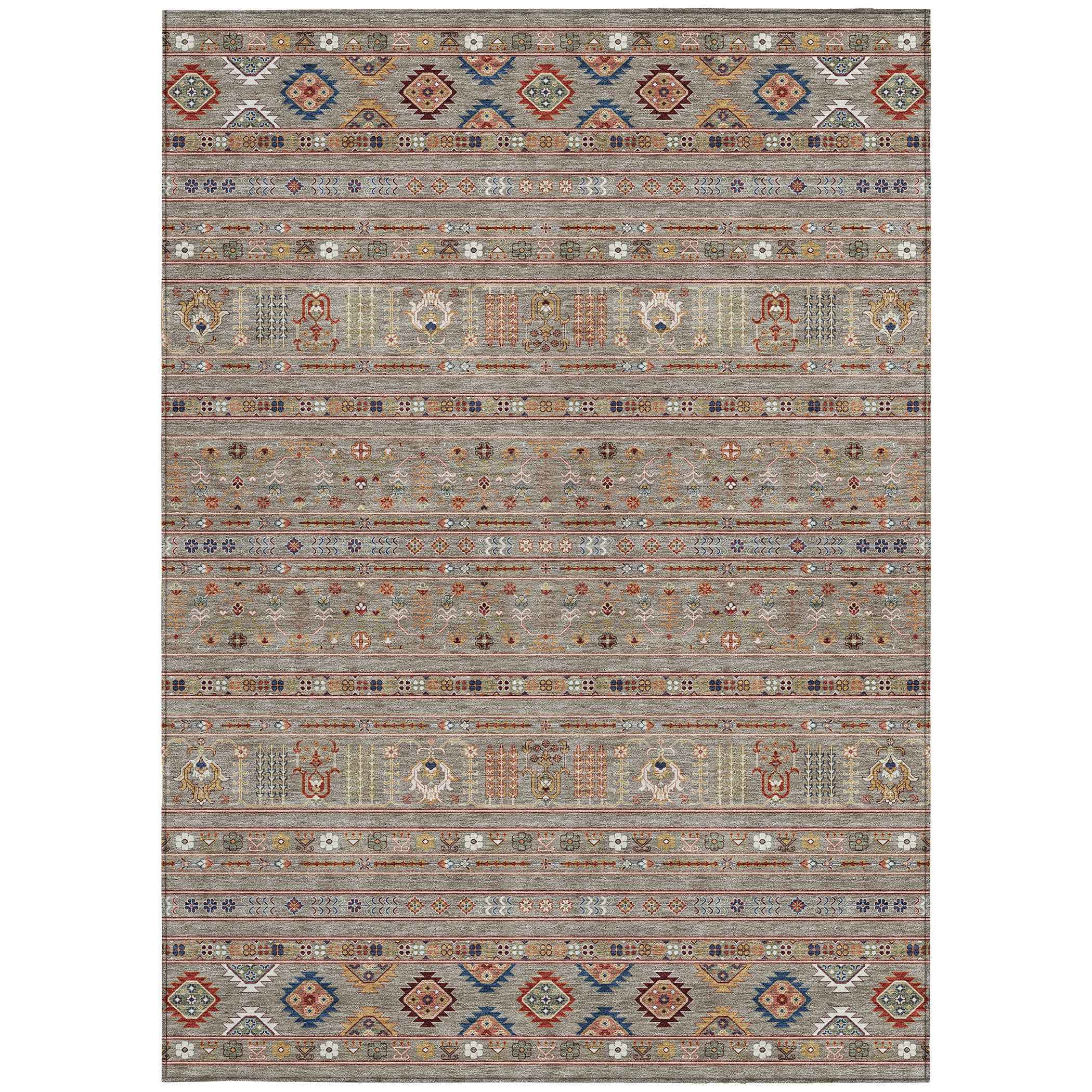 9' X 12' Taupe Blue And Copper Tribal Washable Indoor Outdoor Area Rug