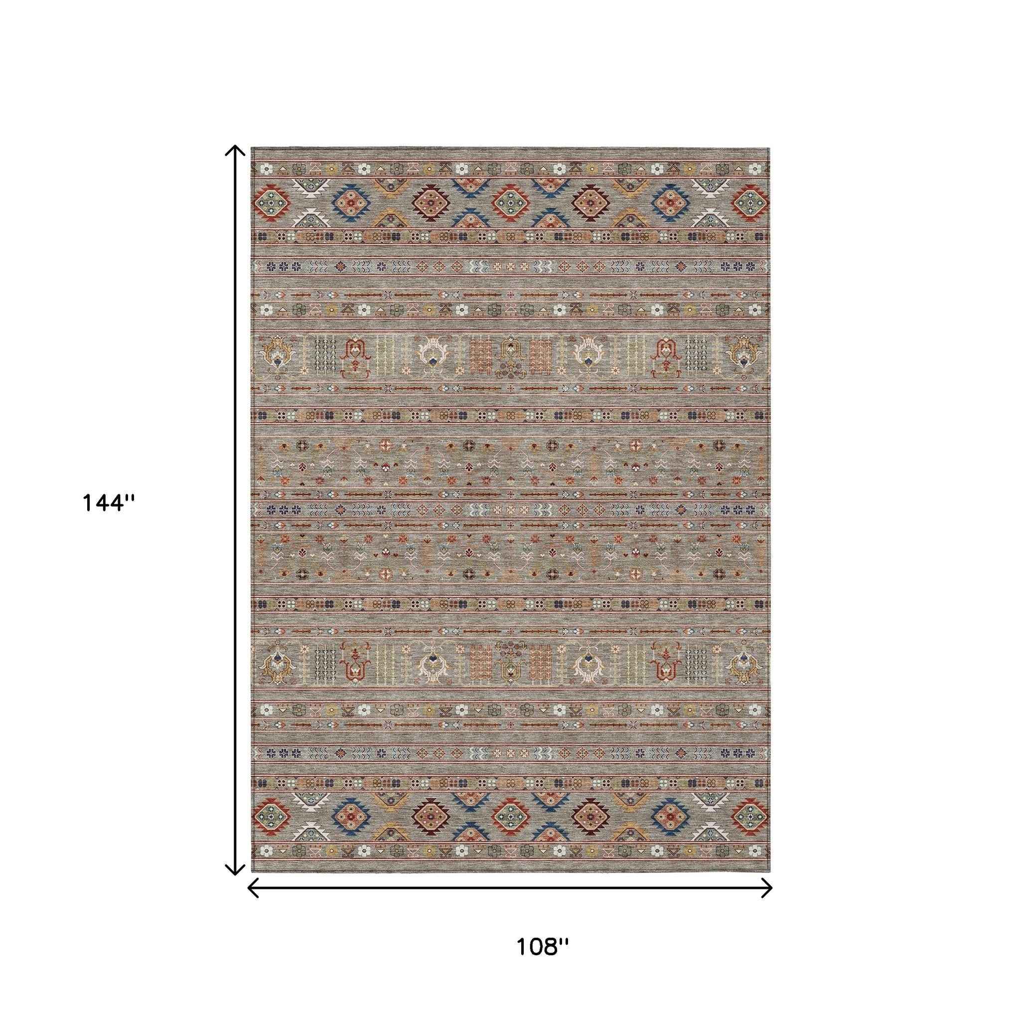 9' X 12' Taupe Blue And Copper Tribal Washable Indoor Outdoor Area Rug