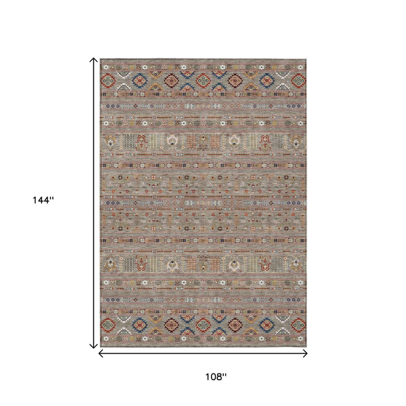 9' X 12' Taupe Blue And Copper Tribal Washable Indoor Outdoor Area Rug